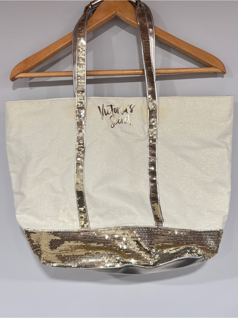Victoria's Secret White Tote with Gold Sequin Trim